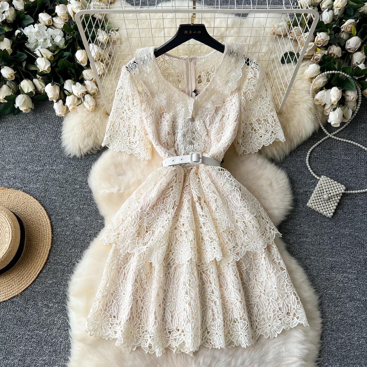 Lace Short Sleeve Dress with Layered Skirt