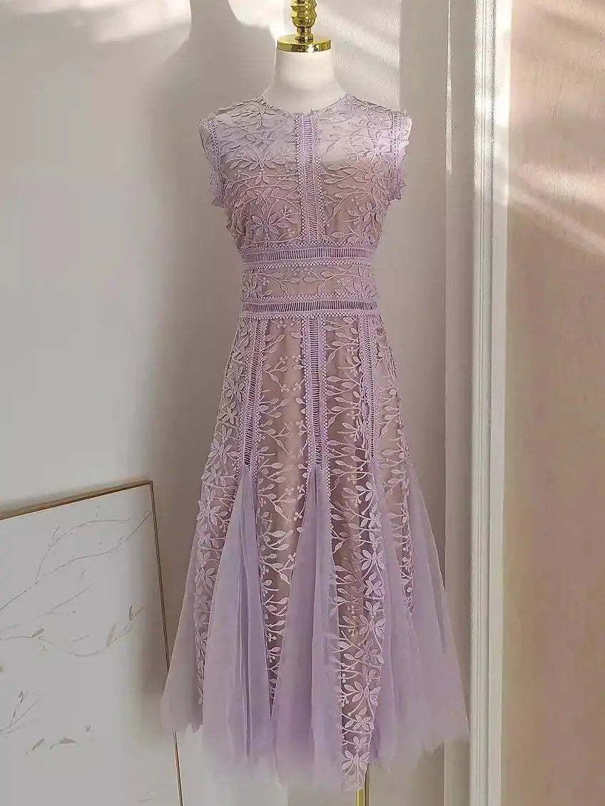 Lavender Lace Mesh Sleeveless Midi Dress