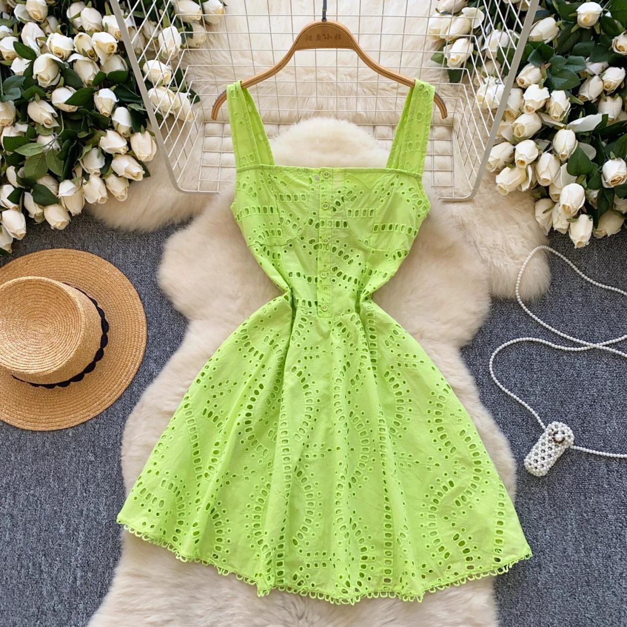 Vibrant Green Sleeveless Eyelet Summer Dress Women