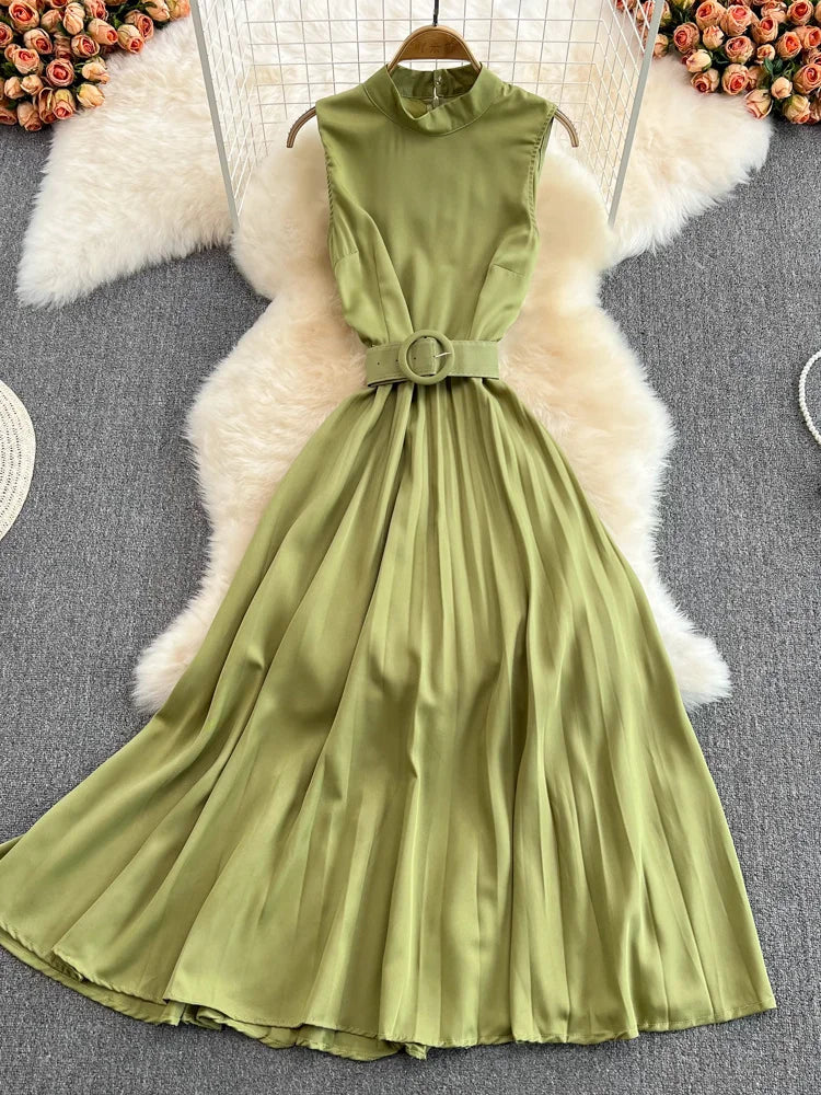 Olive Sleeveless Pleated Dress with Belt