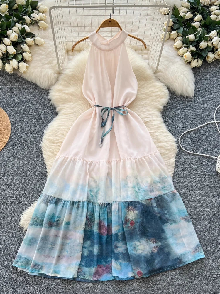 Halter Neck Maxi Dress With Tie-dye Hem