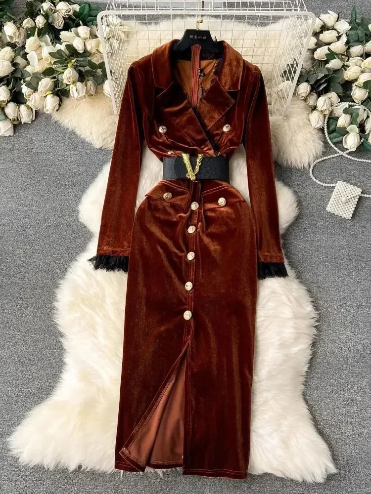 Velvet Midi Dress With Gold Button Detail