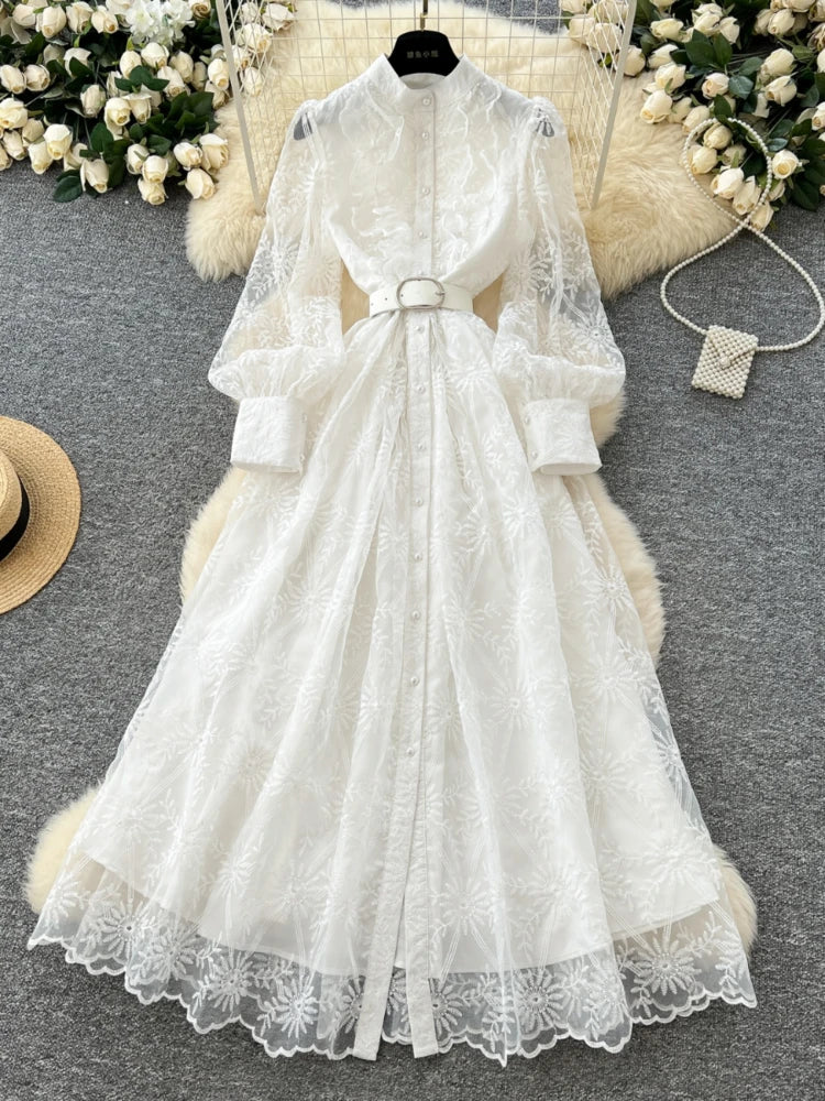 Lace Long-Sleeve Belted Floral Embroidered Dress