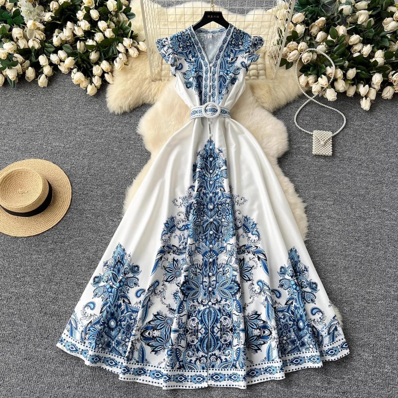 Vintage Blue Floral Maxi Dress with Belt