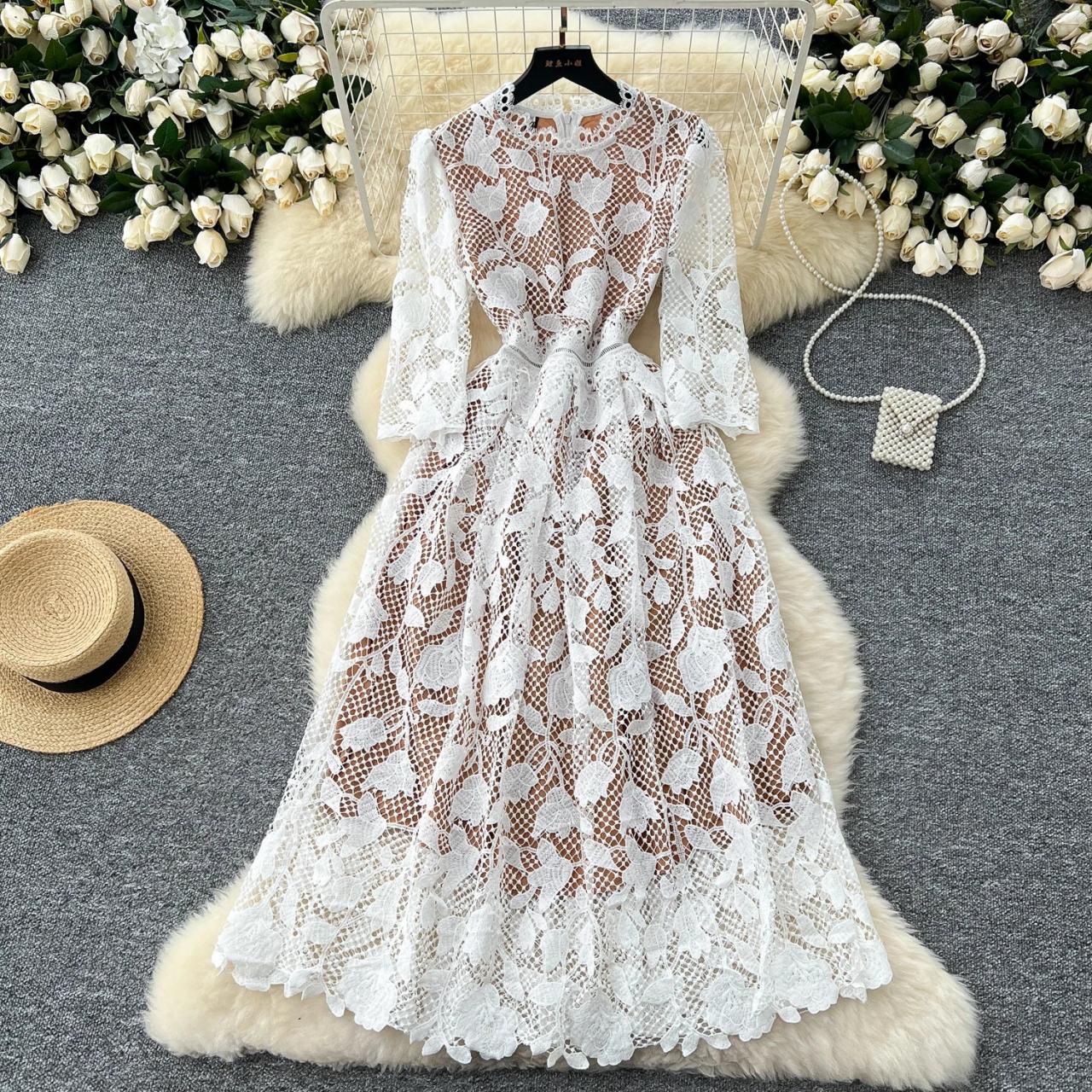 Exquisite Floral Lace White Long Sleeve Dress