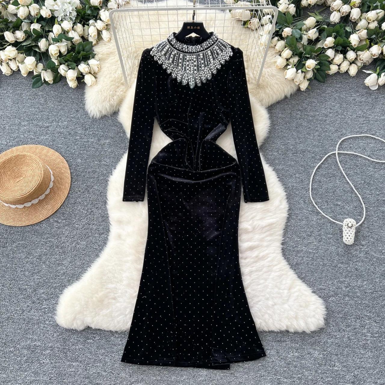 black velvet and pearl dress Saloni London main image 1