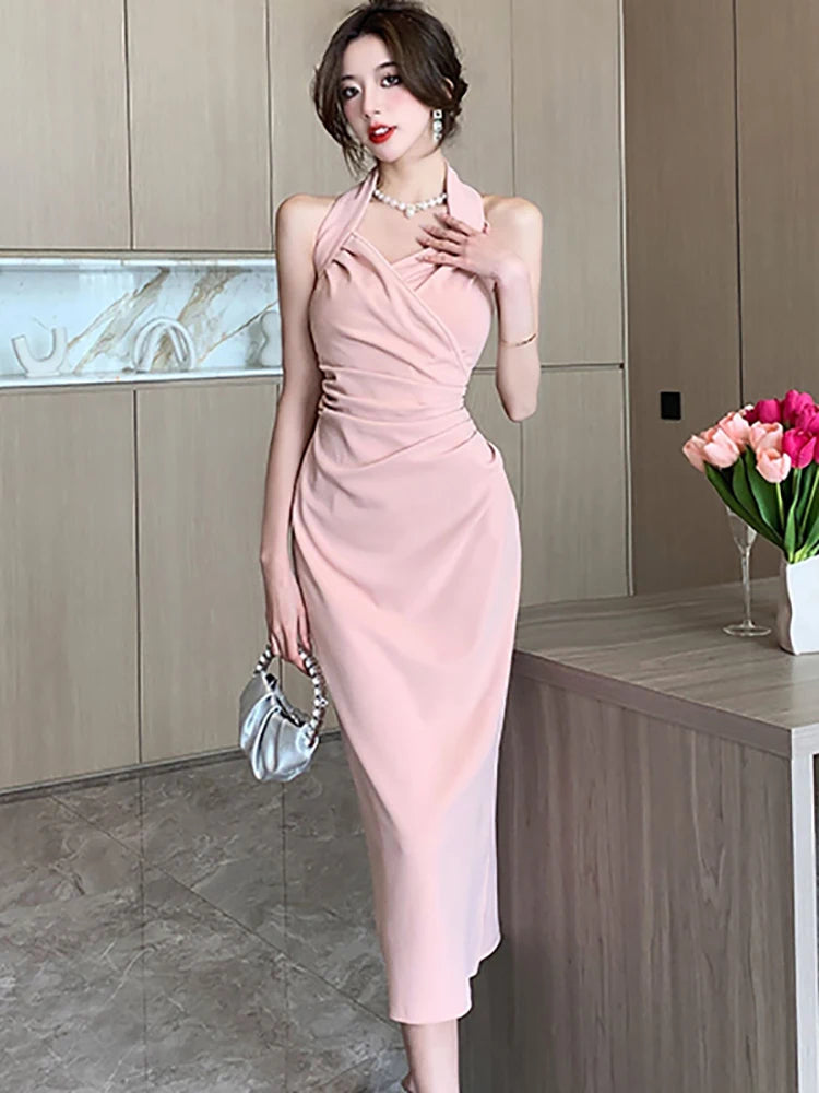 Halter Neck Ruched Sleeveless Midi Party Dress