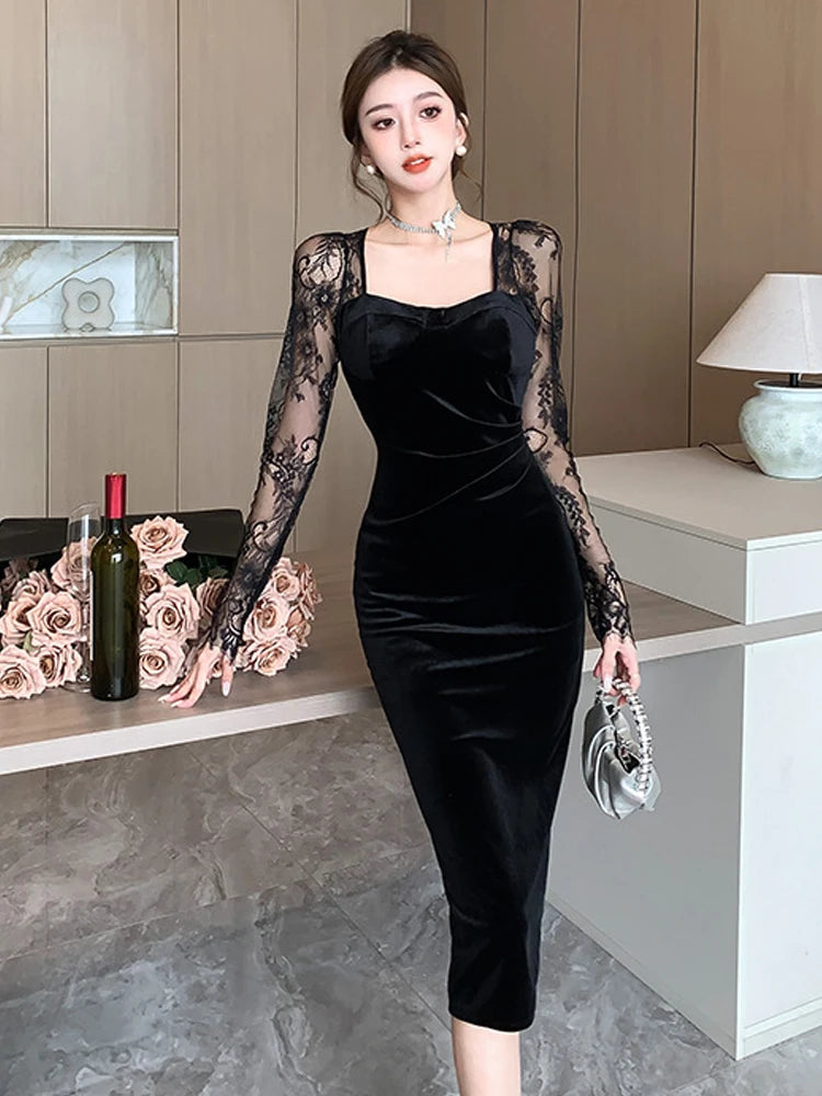 Black Velvet Dress With Lace Sleeves Design