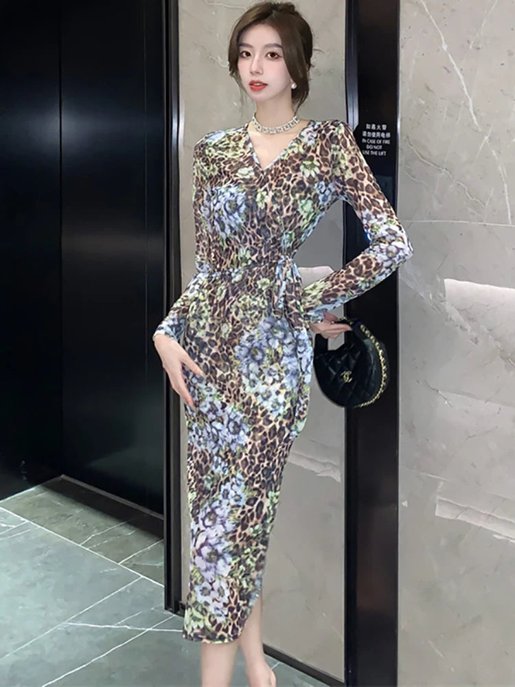 Floral Leopard Long Sleeve Wrap Midi Dress