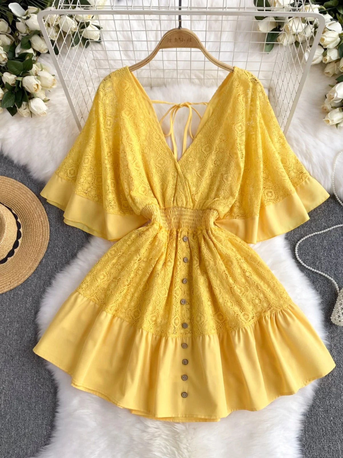 green emerald velvet dress Bardot Iria Button Up Mini Dress in Canary Yellow – TrenLend main image 0