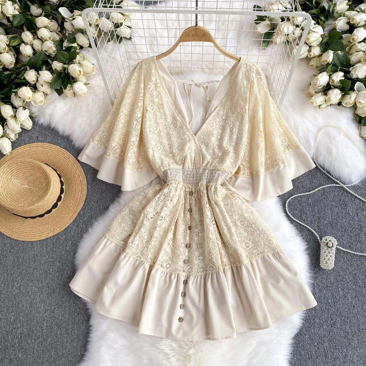 Sunshine Yellow Lace Button-down Flare Dress on Luulla