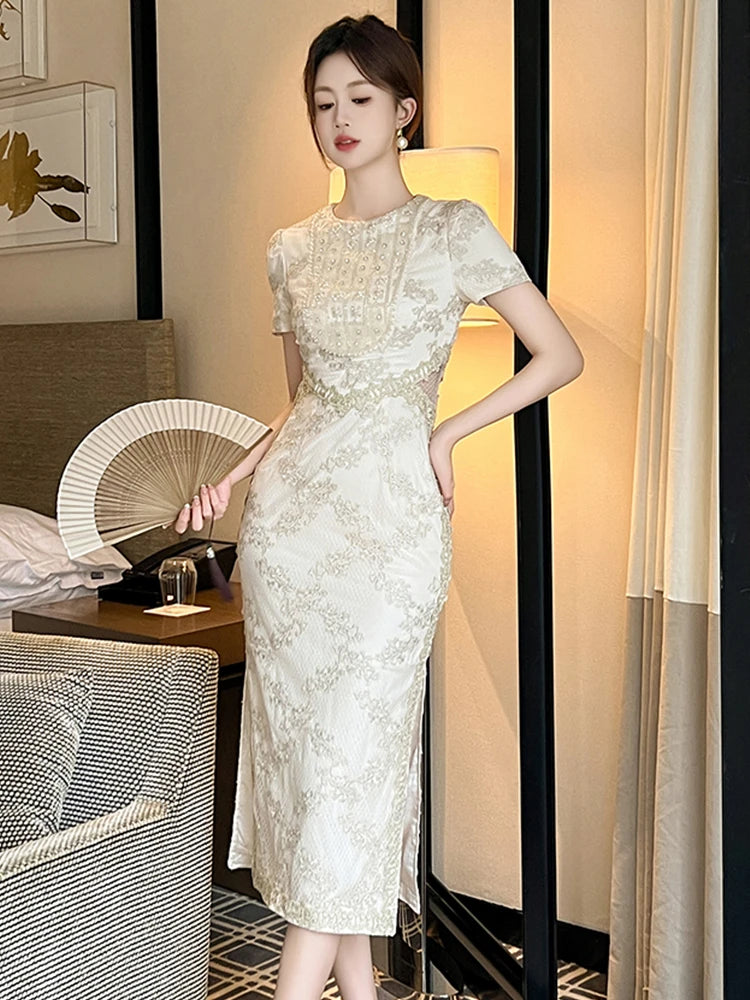 fitted lace wedding dress Olaesa Boho Maxi Dress V Neck Short Sleeve Lace Smocked Waist Bohemian  Party Dress for Women with Pockets Black at Amazon Women's Clothing store main image 0