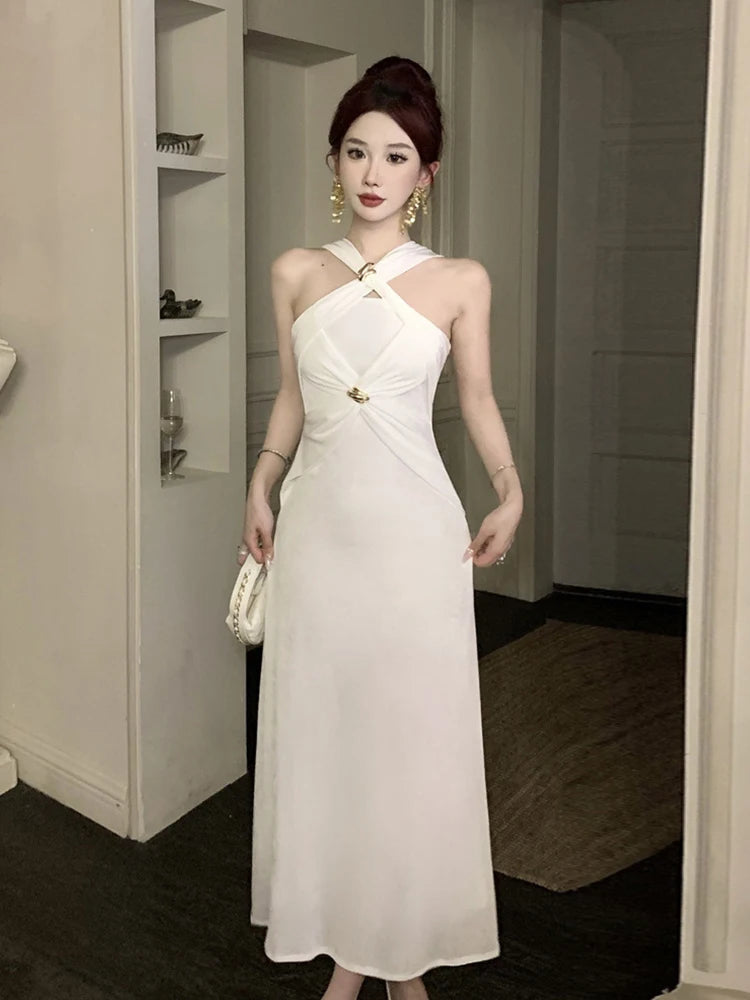 White Halter Maxi Dress With Gold Accents
