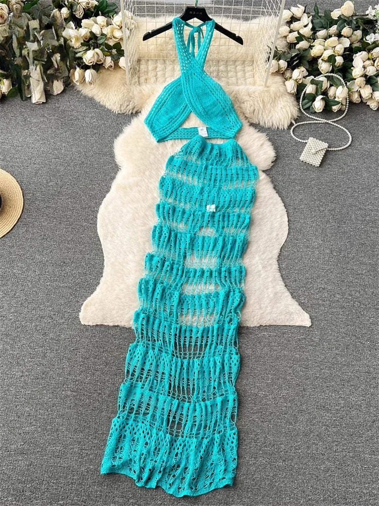 Crochet Halter Neck Turquoise Maxi Beach Dress on Luulla