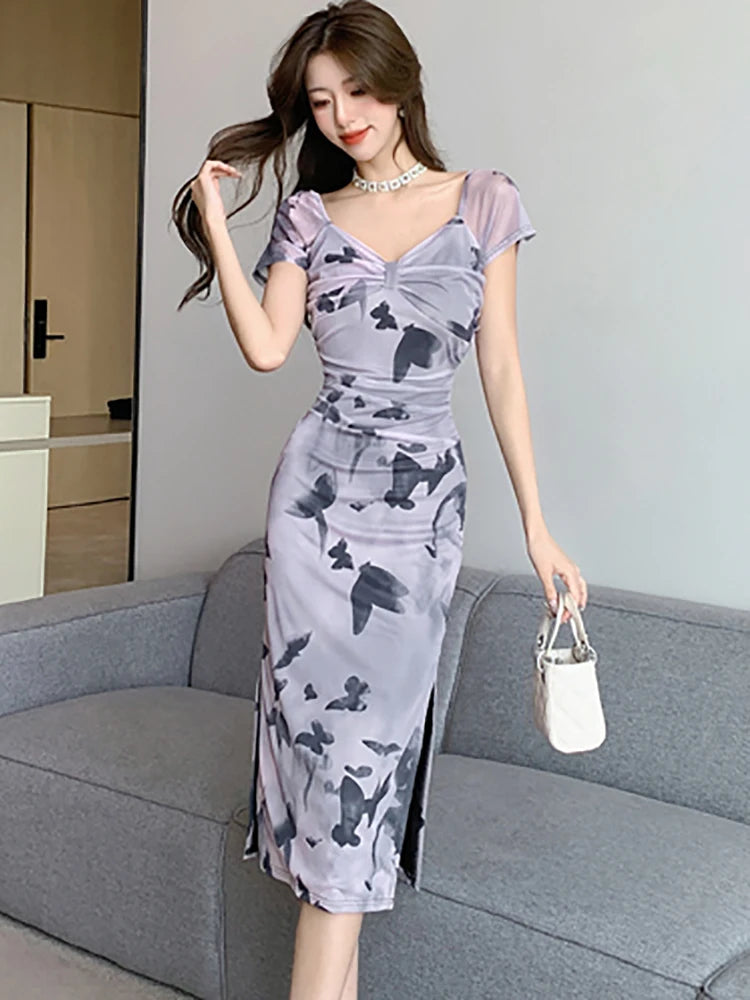 Floral Print V-Neck Slim Fit Midi Dress