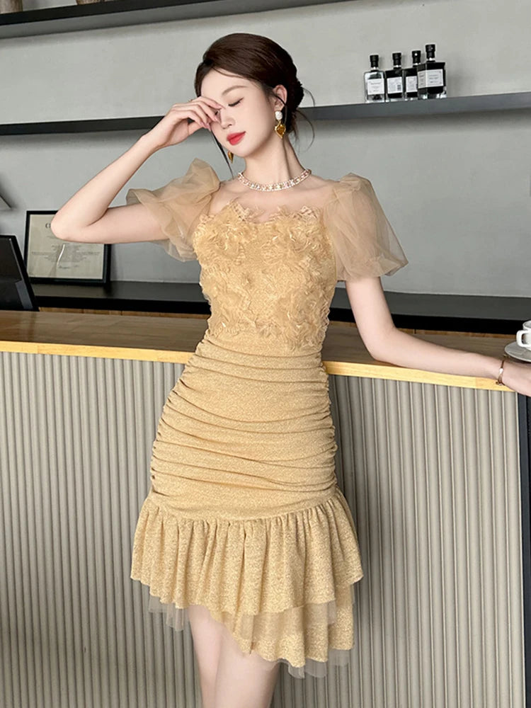 slim fit dress slacks Mesh Gown With Floral Embellishments And Cut-Out Details main image 0