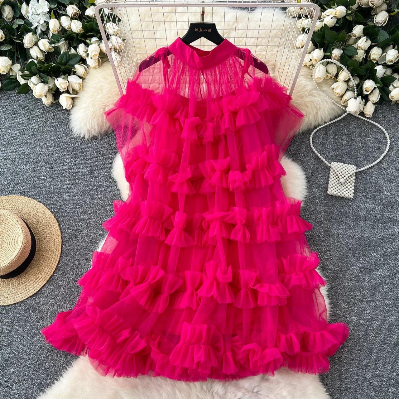 Vibrant Pink Ruffle Layered Sleeveless Party Dress