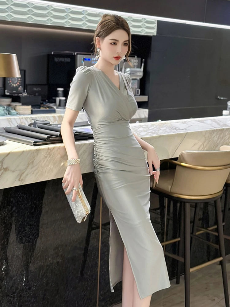 silver satin wrap dress Mint Velvet Silver Metallic Satin Midi Slip Dress | Size 10 | Grey | Sleeveless