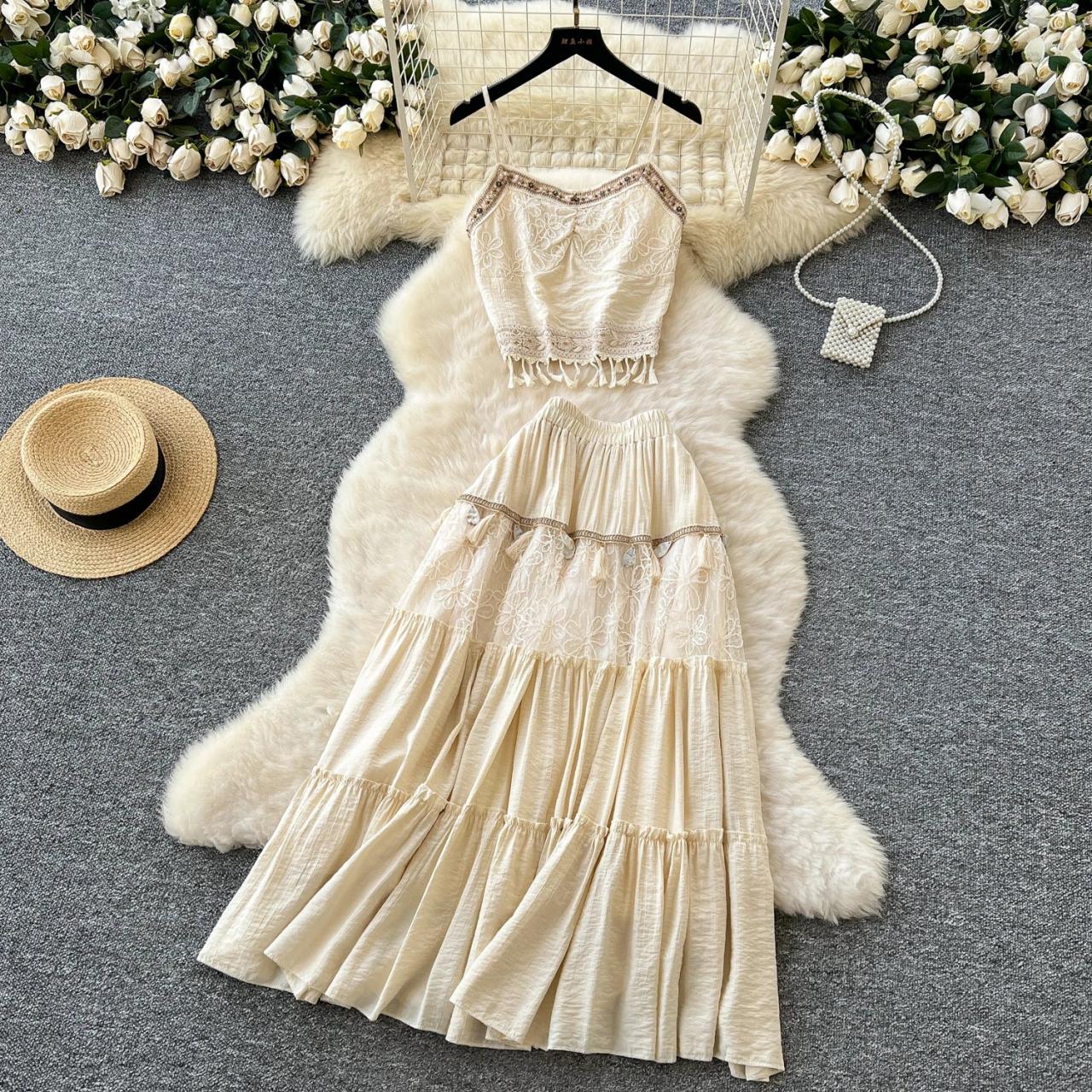 Boho Lace-trimmed Two-piece Beige Maxi Dress on Luulla
