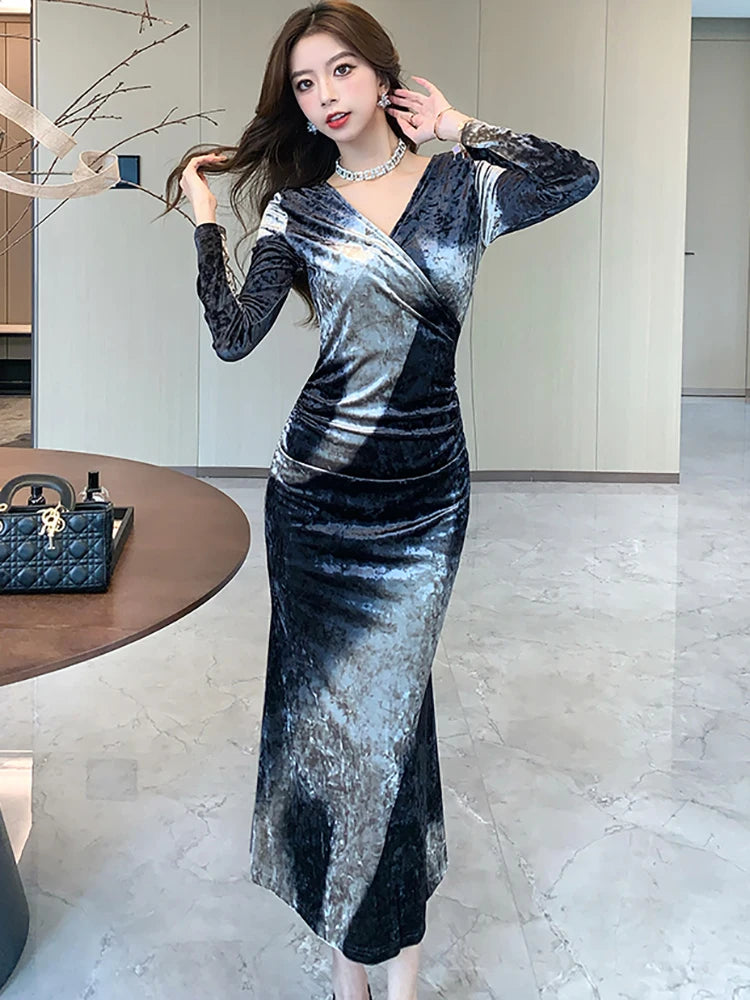 knee length dresses for ladies Silver Long Sleeve Elastic Sequins Mermaid Maxi Dress main image 0