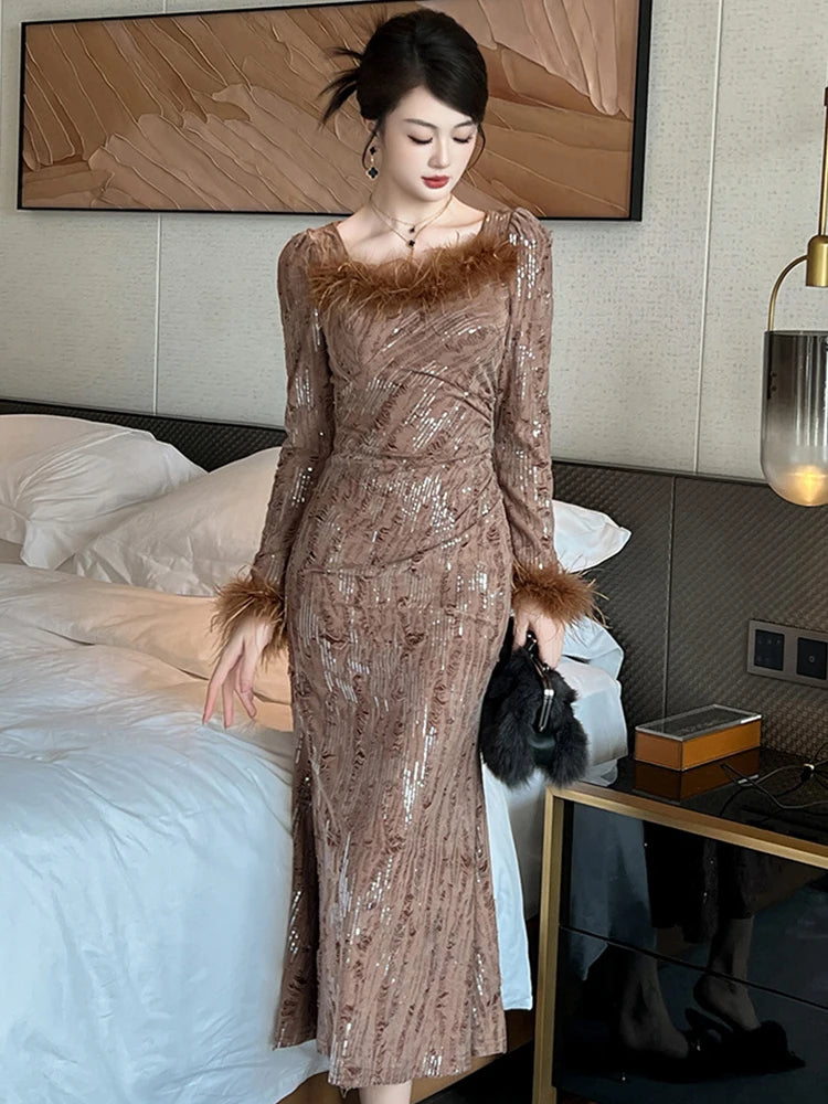 brown dress with feather trim Sequin Brown Dress With Feather Trim Details