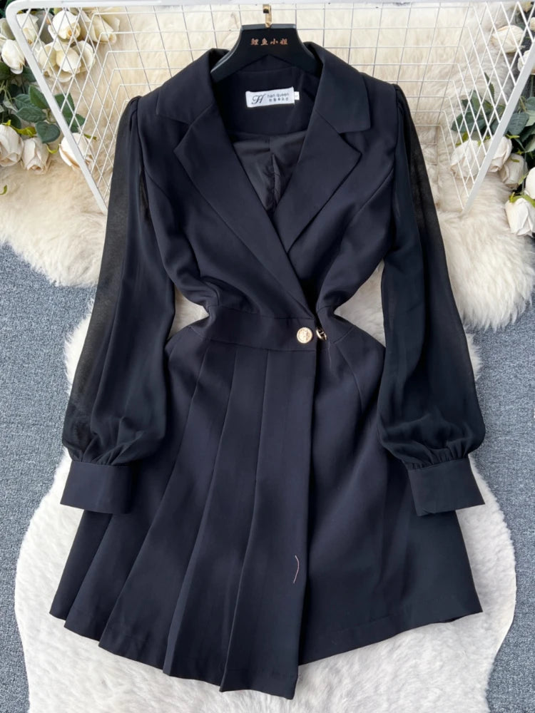 belted black blazer dress Long Sleeve Seam Detail Oversized Belted Blazer Dress In Black Faux Leather  | EGO US