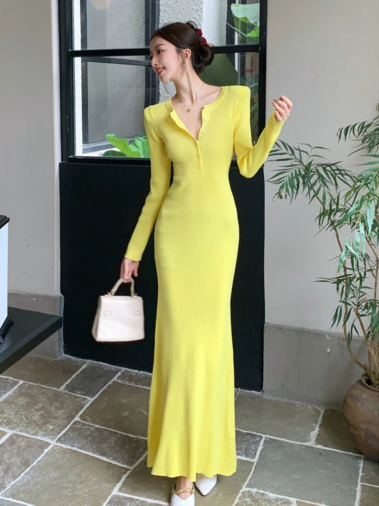 yellow knit dress long sleeve Momyknows Yellow Knit Off Shoulder Flare Sleeve Mermaid Bodycon Elegant Vacation Photoshoot Baby Shower Maternity Maxi Dress Yellow / S