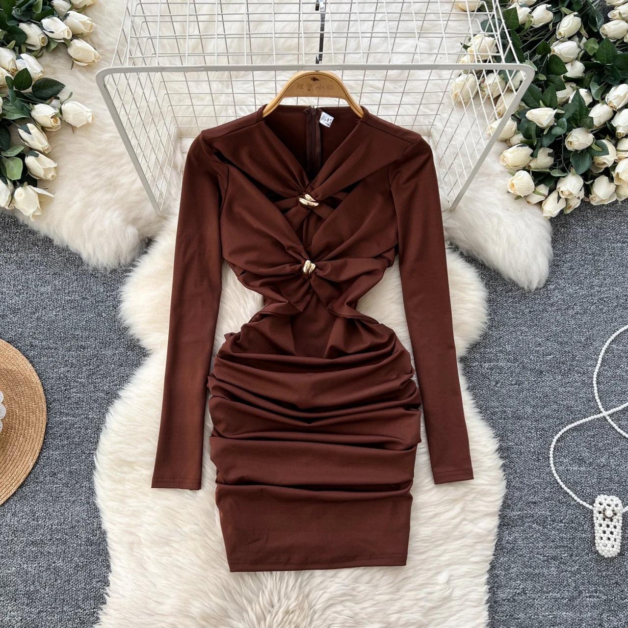 Ruched Long Sleeve Brown Bodycon Dress