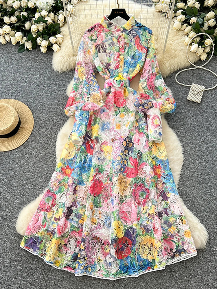 Spring Autumn European American Elegant Hollow Lace Printed Dress Women's Lantern Sleeve Waist Long Dress C29