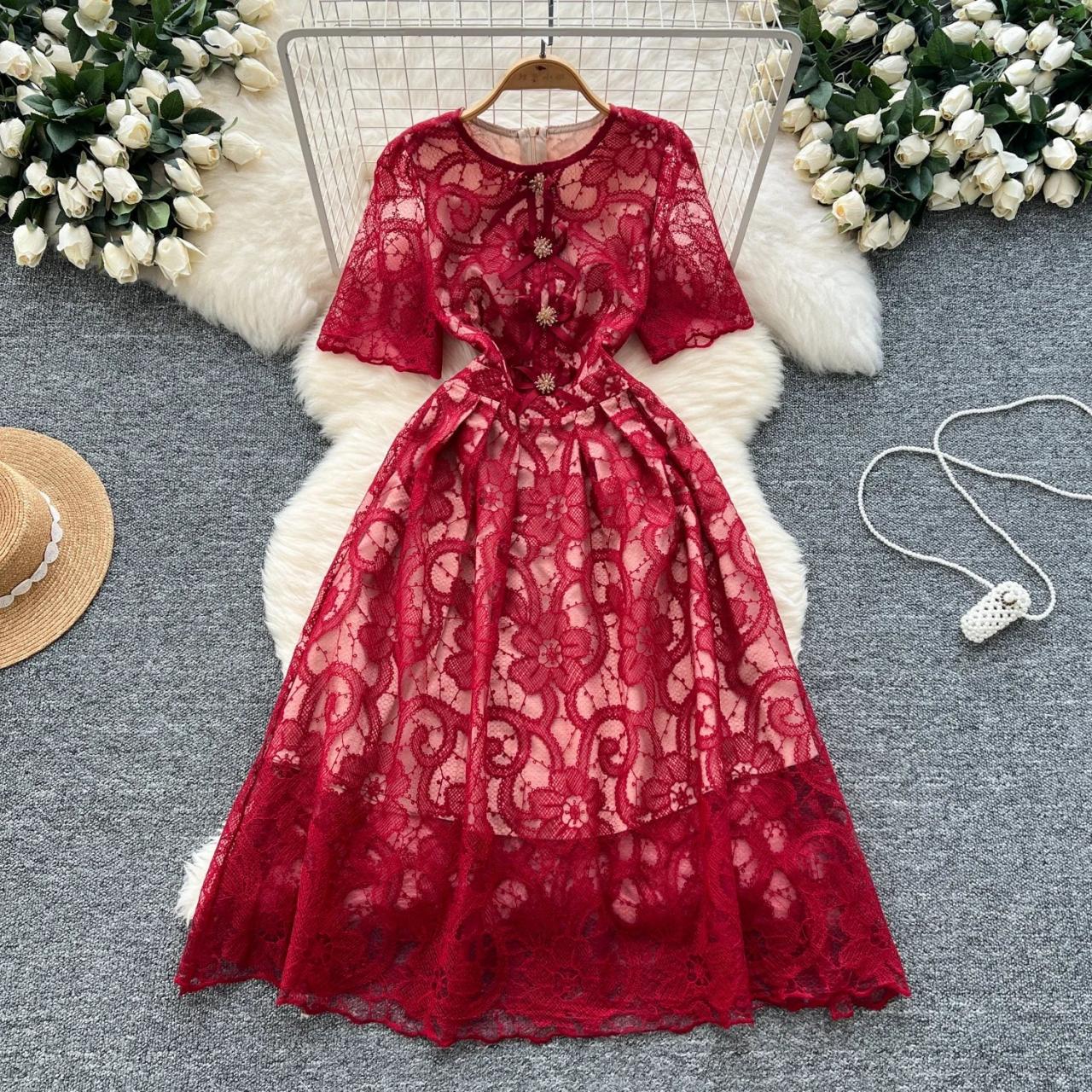 Vintage Red Lace Floral Mid-length Evening Dress