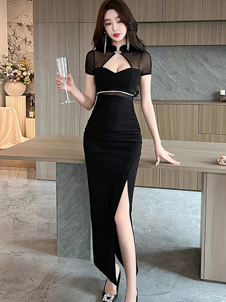 Black Sheer Sleeve Dress With Side Slit