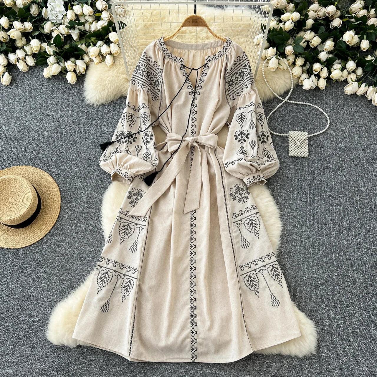 beige embroidered maxi dress Bohemian Embroidered Maxi Dress With Puff Sleeves