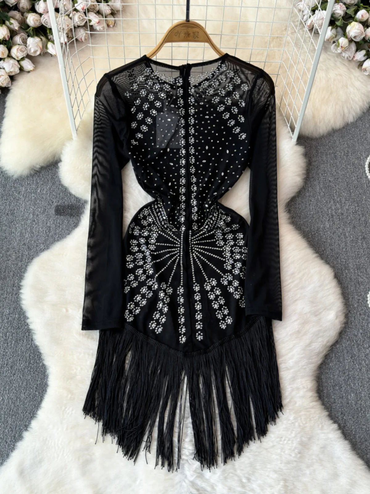 black fringe long sleeve dress Beaded Black Fringe Long Sleeve Party Dress