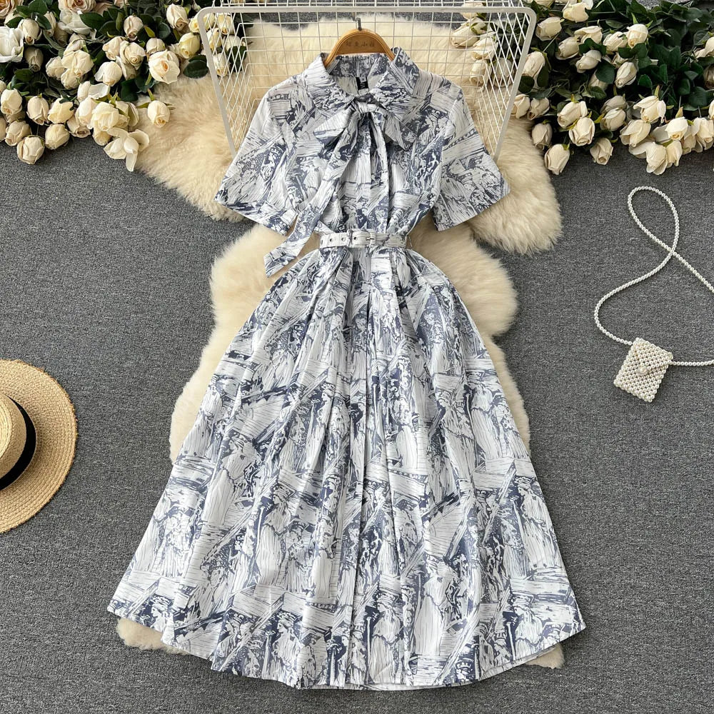 Vintage Print Bow Tie Waist Midi Dress on Luulla