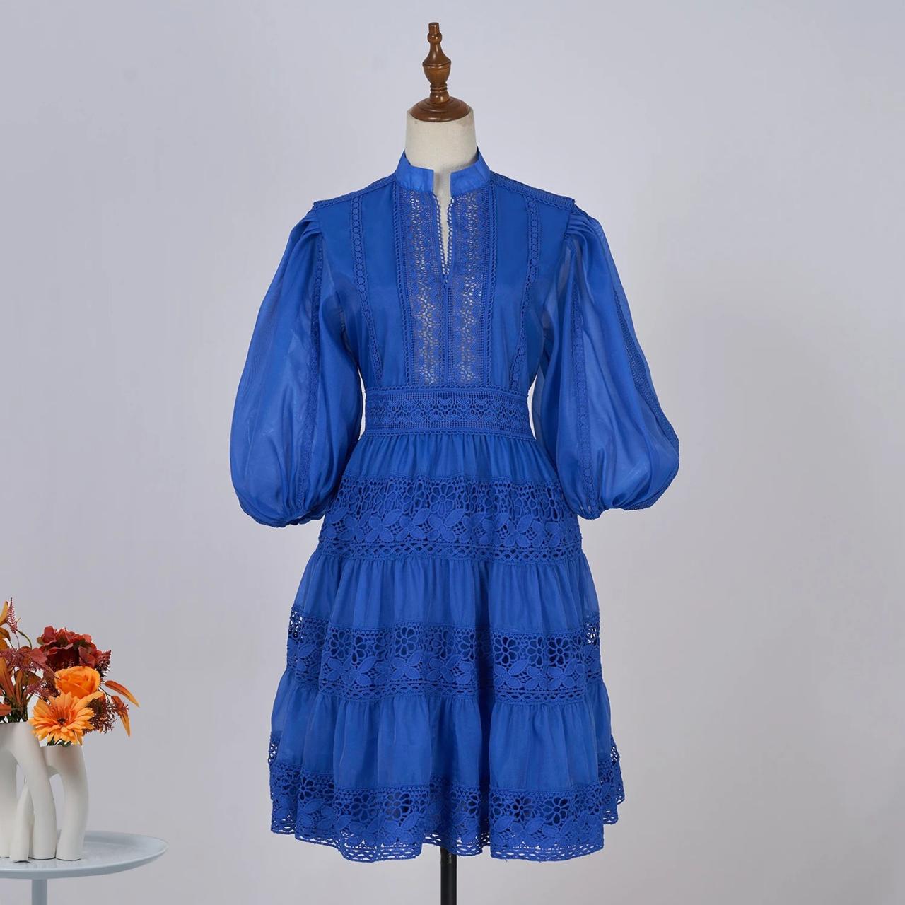 tashi duncan blue dress Blue Cotton Satin Short Party Dress with Balloon Sleeves – MoonTara