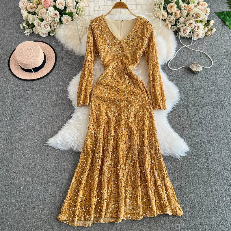 gold sequin long sleeve maxi dress Long Sequin Formal Dress with Long Sleeves– PromGirl main image 0
