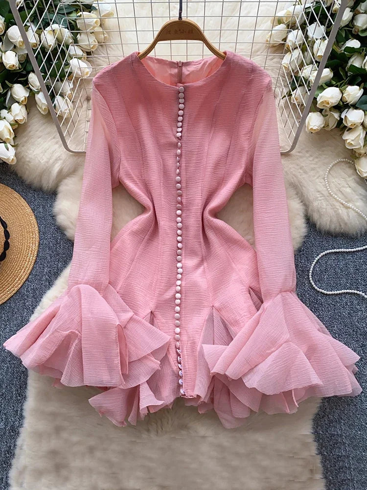 Ruffled Long Sleeve Pink Dress With Buttons