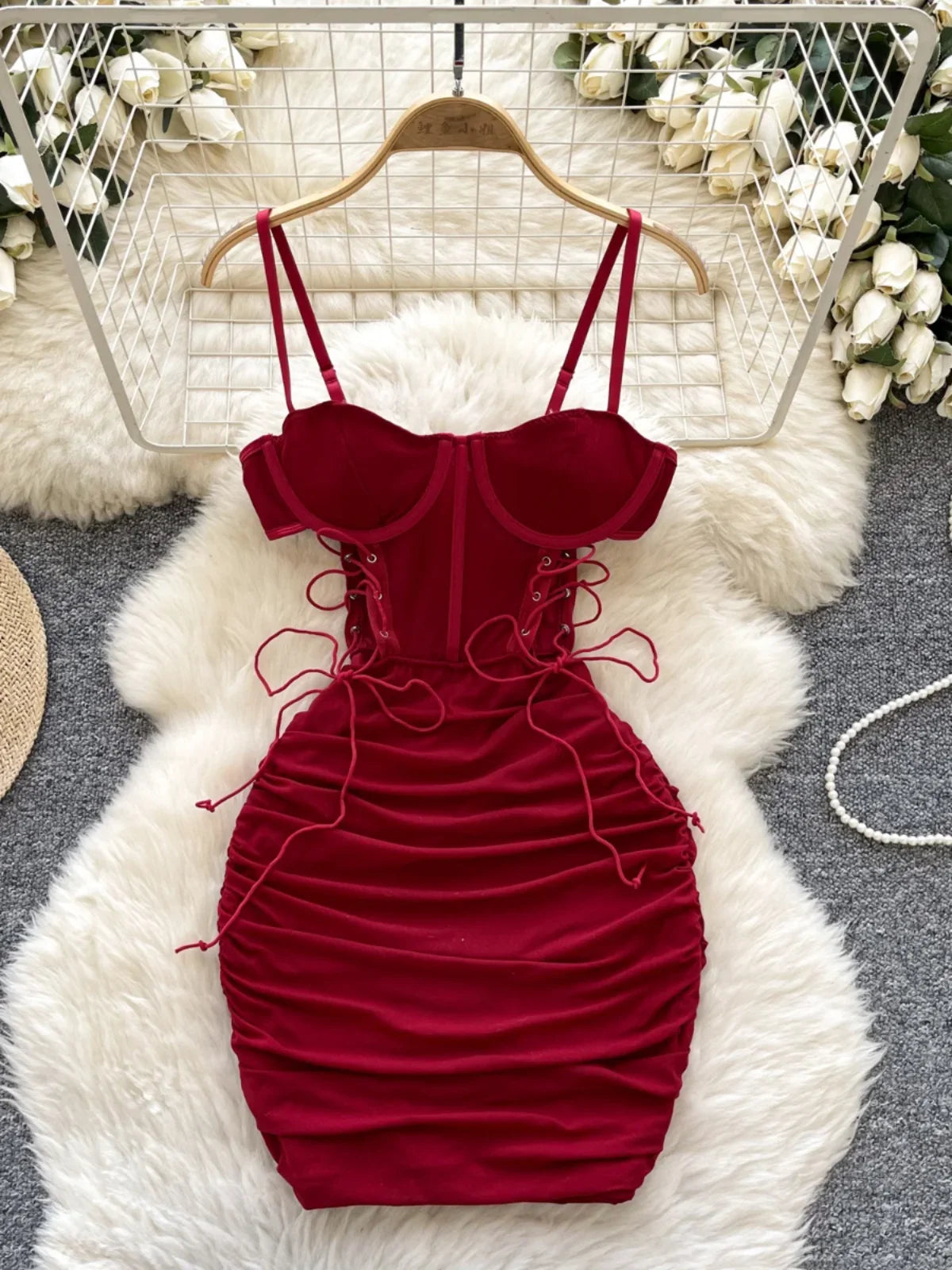 Red Floral Lace-up Bodycon Corset Dress on Luulla