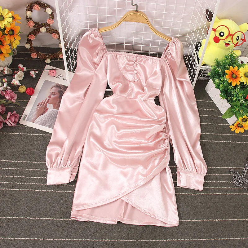pink satin ruched mini dress Puff Sleeve Pink Satin Ruched Mini Dress