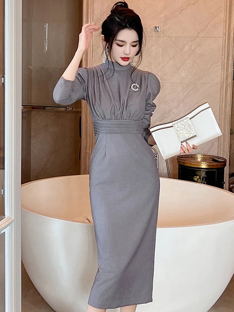 Grey Long Sleeve High Waist Midi Dress
