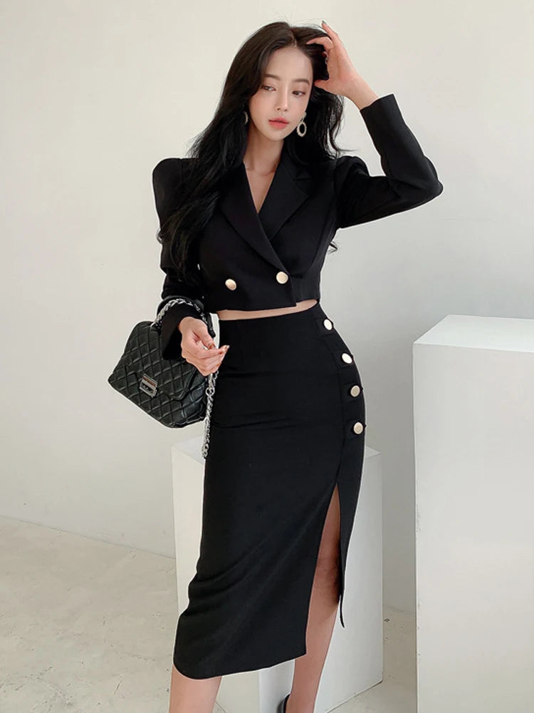 Spring Autumn Black Formal Sexy 2 Piece Outfit Short Set Women Ladies Clothes Cropped Suit Blazer Coat High Waist Slit Skirt
