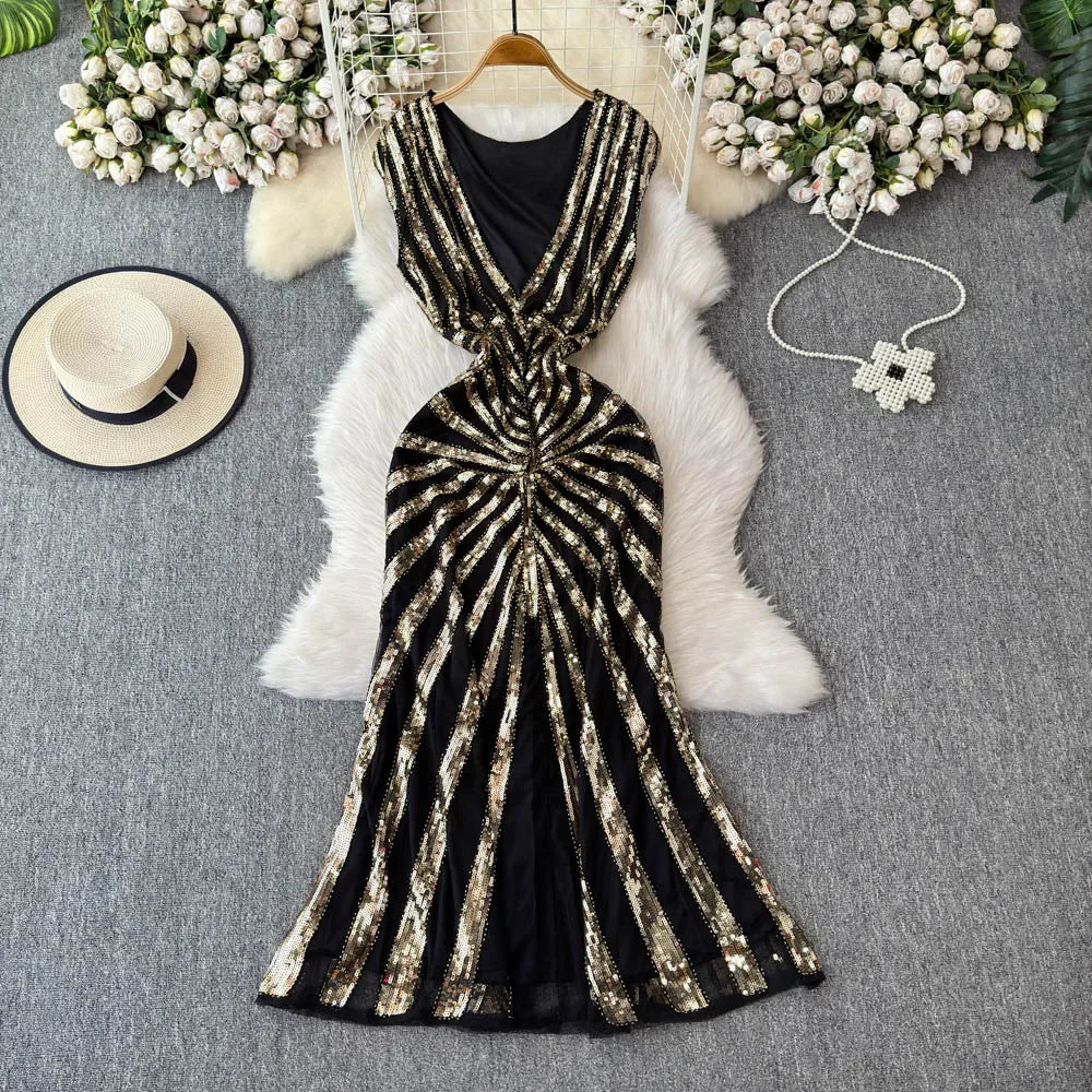 Glamorous Black Sequin Striped Cocktail Maxi Dress - Main Image