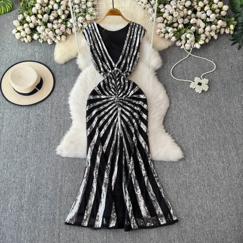 Glamorous Black Sequin Striped Cocktail Maxi Dress on Luulla