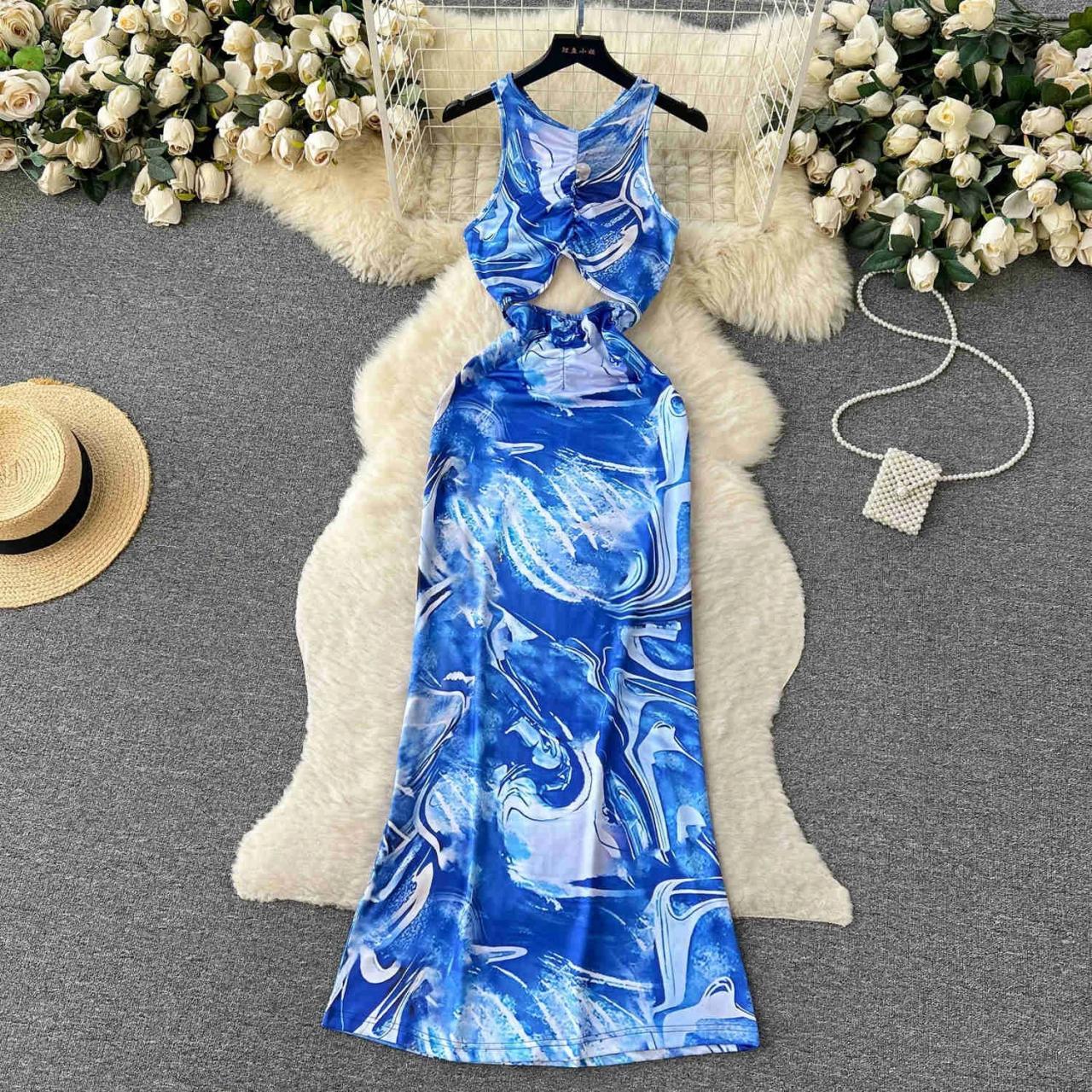 Blue Marble Print Backless Sleeveless Maxi Dress