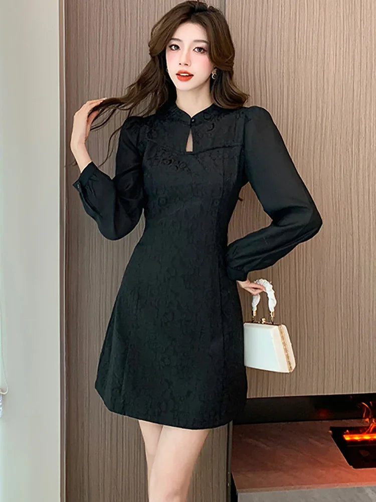princess polly baby blue dress Women's Outfit: Black Lace Shift Dress, Black Cutout Suede Ankle Boots main image 1