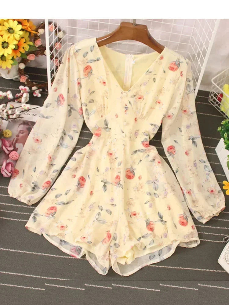 Floral Long Sleeve Chiffon Romper With V-neck on Luulla