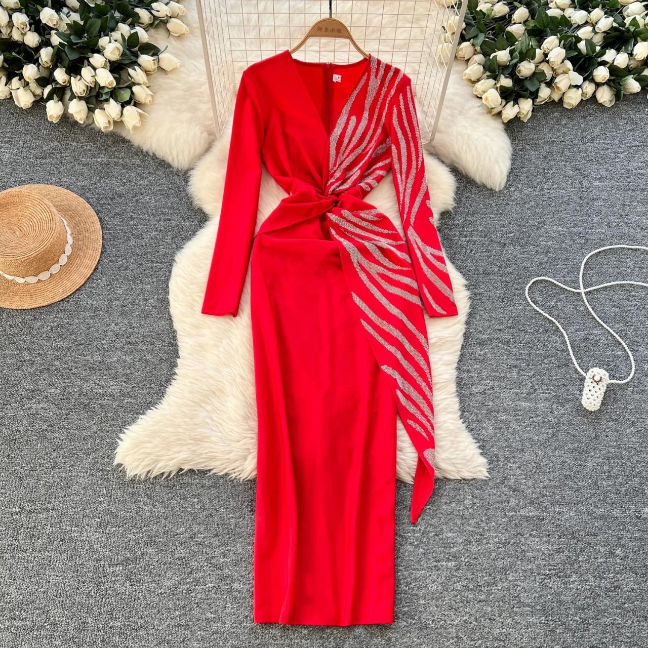 red rhinestone dress long sleeve Red Maxi Long Sleeve Rhinestone Dress  Kirsty's Kloset