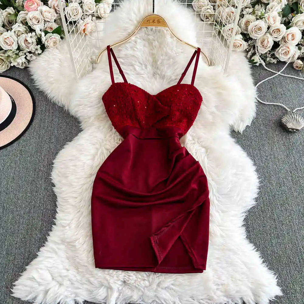 Sparkling Burgundy Sequin Strap Mini Dress