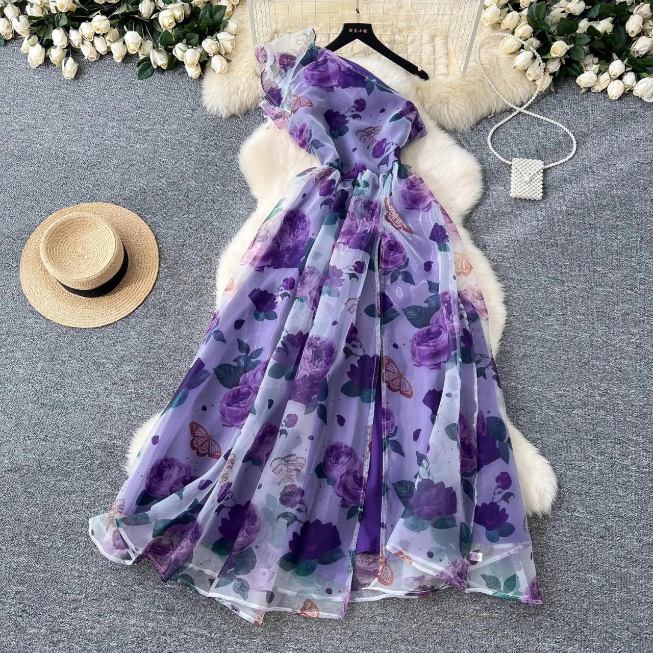 silk chiffon dress with delicate floral print Floor Length Silk Chiffon Dress With Floral Print