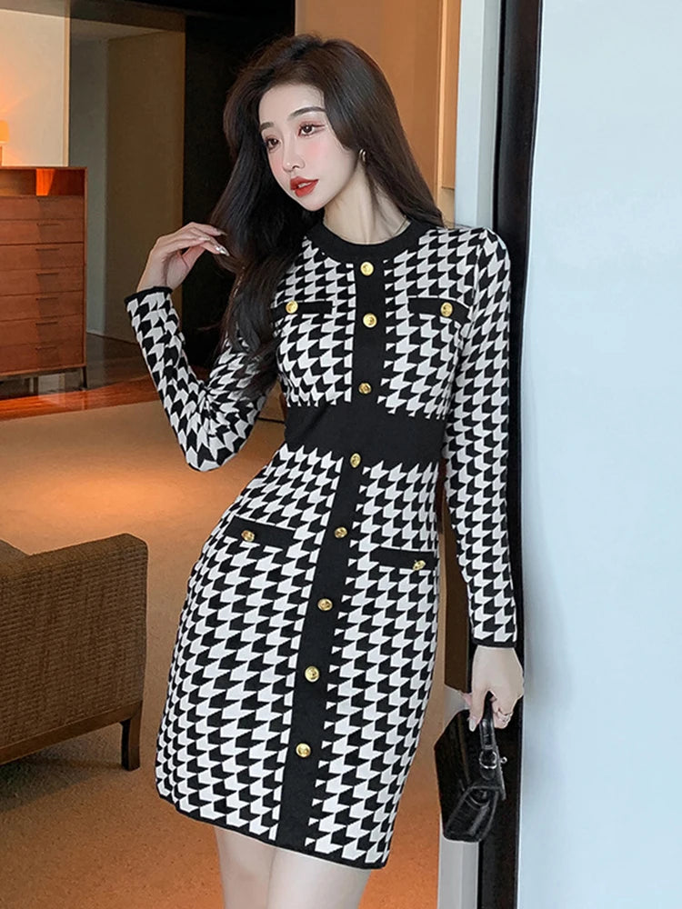 Houndstooth Dress With Gold Button Detail